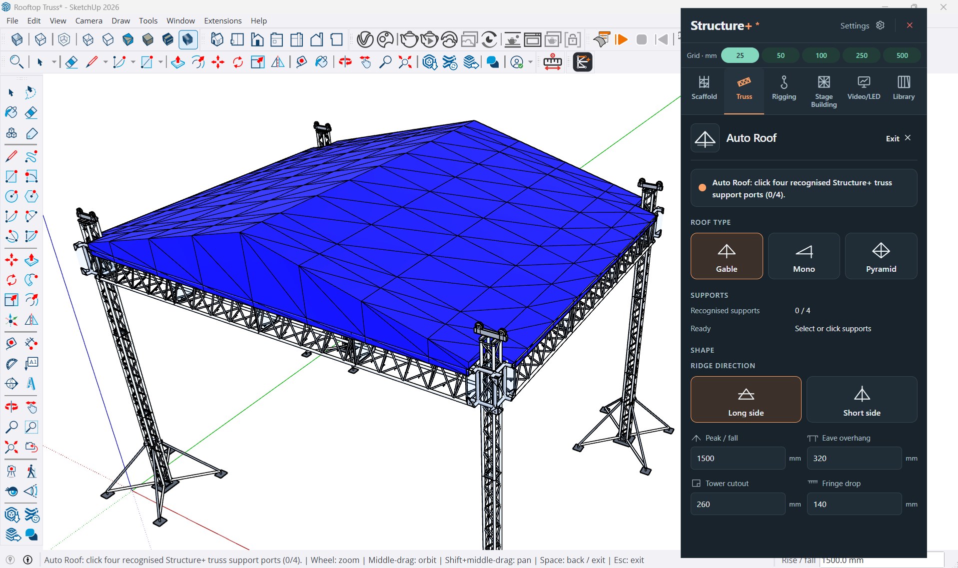Auto Roof in SketchUp: a gable stage roof on a box-truss ground support with four towers and outriggers, beside the Structure+ Auto Roof panel with gable, mono and pyramid options.