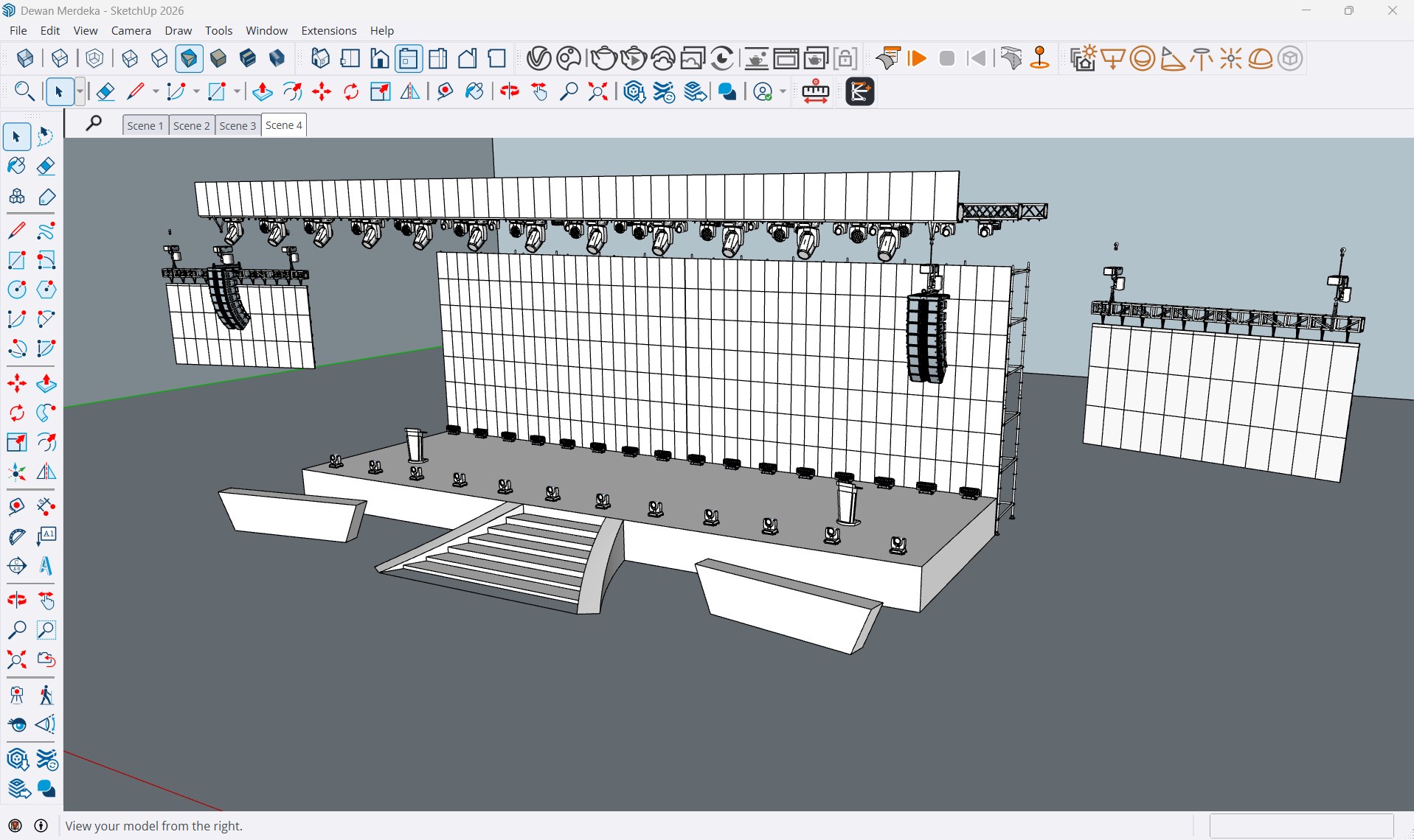 A complete event stage modelled in SketchUp with Structure+: a stage deck with stairs, a large LED wall, moving heads on overhead truss, flown line-array speakers and side LED screens.