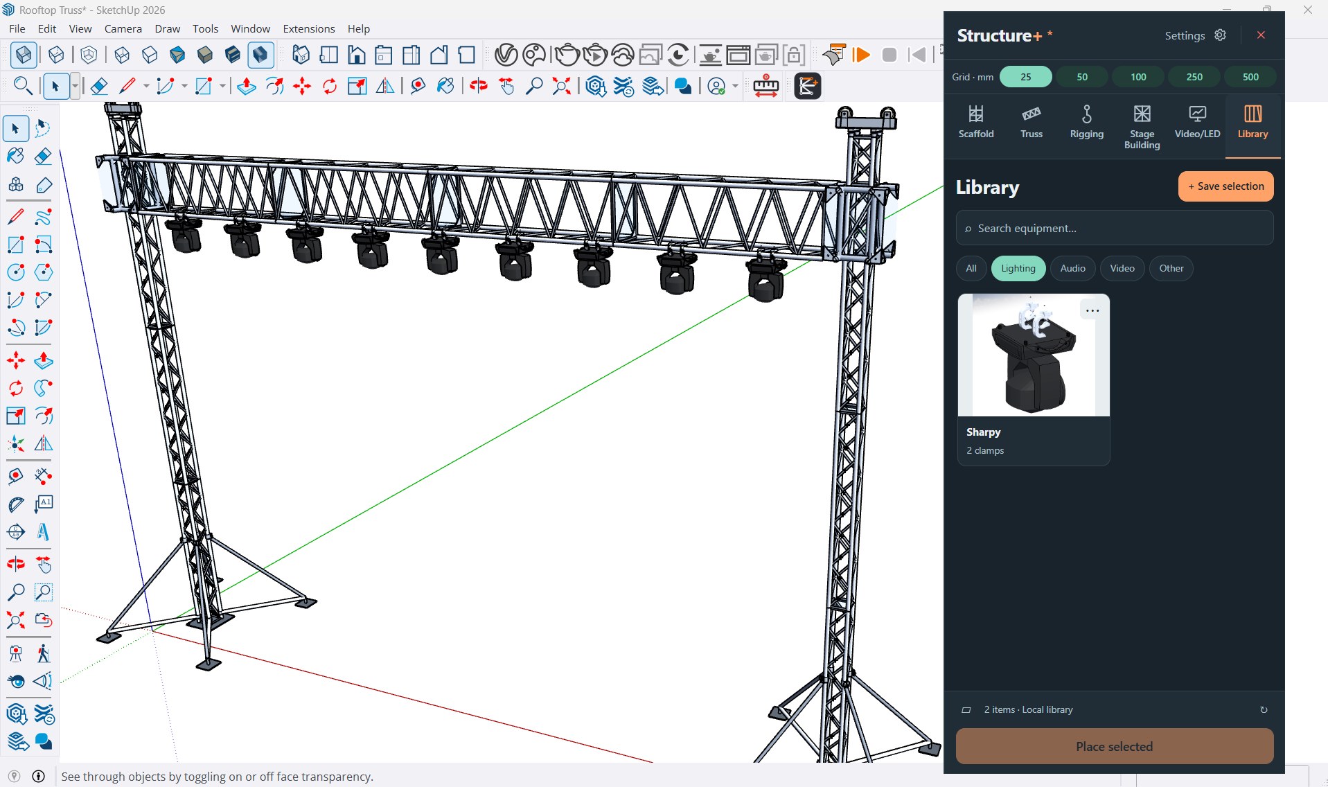 A row of moving-head lights hung on a box-truss goalpost in SketchUp, placed with Structure+ Smart Fixture Positioning from the Library panel.