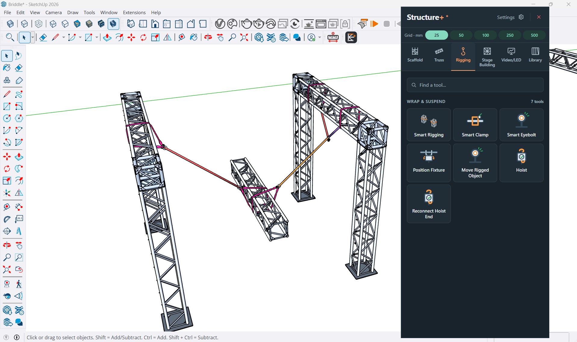 Smart Rigging in SketchUp: round slings wrapped on two box-truss towers suspend a truss section in a bridle, with the Structure+ Rigging panel open.